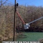 Worker precariously balances on a ladder and bucket truck combo.