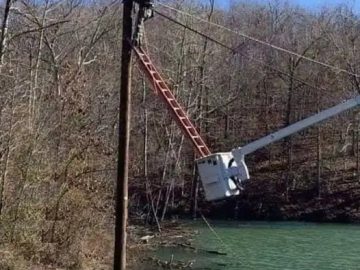 Worker precariously balances on a ladder and bucket truck combo.