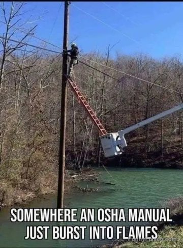 Worker precariously balances on a ladder and bucket truck combo.