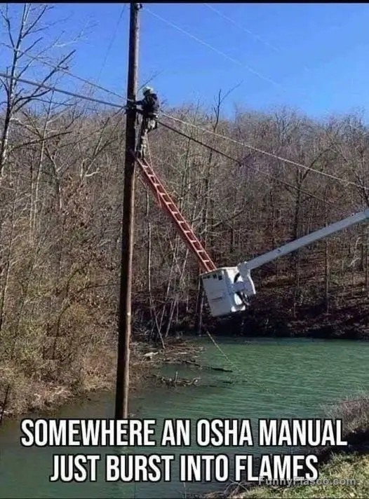 Worker precariously balances on a ladder and bucket truck combo.