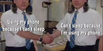 Meme showing a man shaking hands with himself about phone use and insomnia.