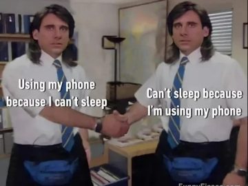 Meme showing a man shaking hands with himself about phone use and insomnia.