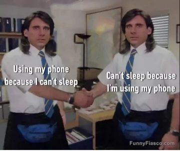 Meme showing a man shaking hands with himself about phone use and insomnia.