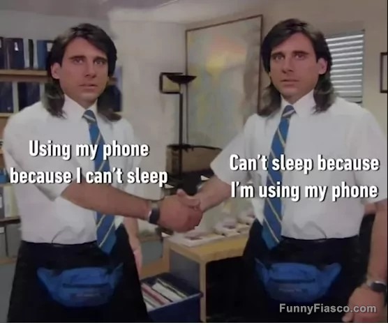 Meme showing a man shaking hands with himself about phone use and insomnia.