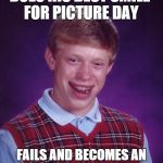 Teen in school photo with awkward smile and sweater vest