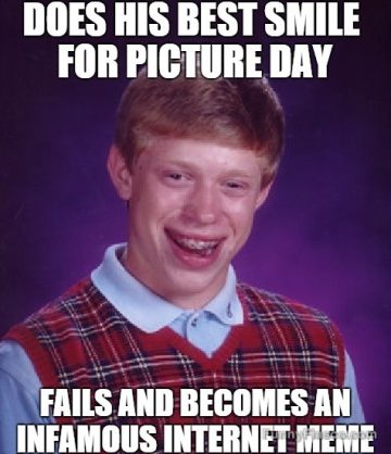 Teen in school photo with awkward smile and sweater vest