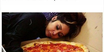 Woman snuggling pizza box with text "Current relationship status."