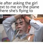 Man facepalming after awkward plane conversation mishap.