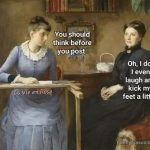 Two women in vintage attire discussing internet behavior humorously.