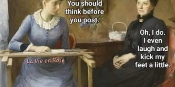 Two women in vintage attire discussing internet behavior humorously.