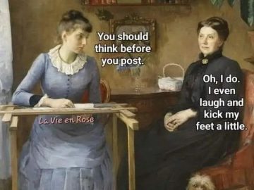 Two women in vintage attire discussing internet behavior humorously.
