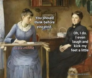 Two women in vintage attire discussing internet behavior humorously.