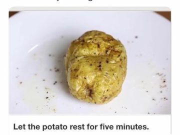 Potato on plate humorously representing waking up with alarm.