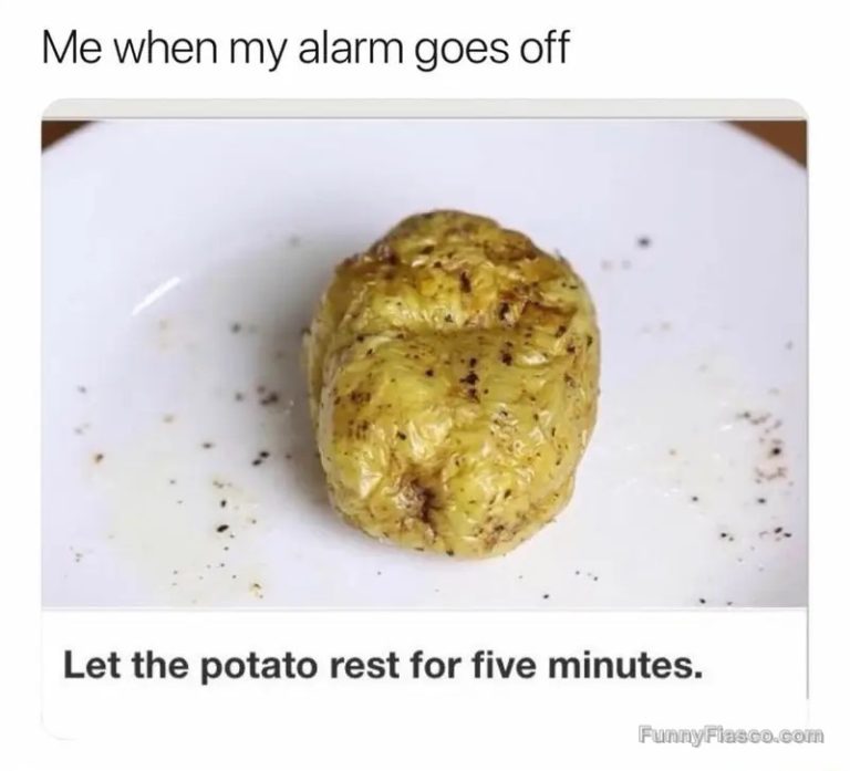 Potato on plate humorously representing waking up with alarm.