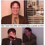 Child's reaction before and after a prank, happy to crying.