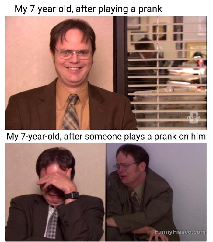 Child's reaction before and after a prank, happy to crying.