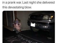 Child's prank with chalk: "Reserved for Mr. Fart" on driveway