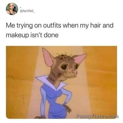 Cartoon character in an outfit representing a messy look without makeup.