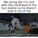 Cartoon characters at a bus stop with awkward smiles and night background