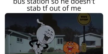 Cartoon characters at a bus stop with awkward smiles and night background