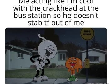 Cartoon characters at a bus stop with awkward smiles and night background
