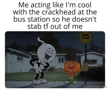 Cartoon characters at a bus stop with awkward smiles and night background