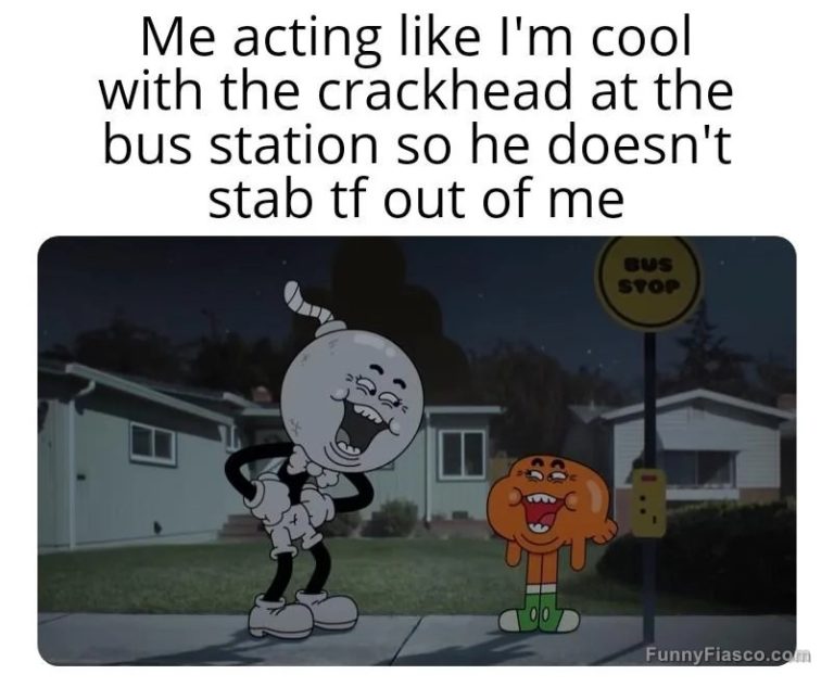 Cartoon characters at a bus stop with awkward smiles and night background