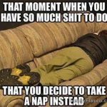 Person napping on a couch with funny procrastination caption