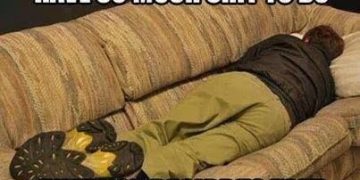 Person napping on a couch with funny procrastination caption