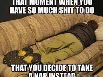 Person napping on a couch with funny procrastination caption