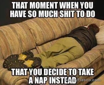 Person napping on a couch with funny procrastination caption