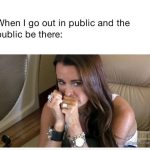 Woman looking nervous in public space meme about social anxiety.