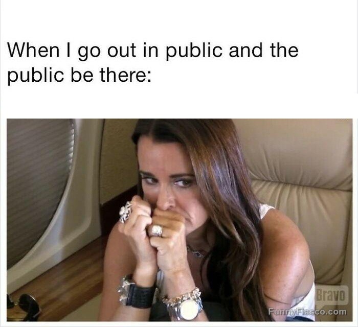 Woman looking nervous in public space meme about social anxiety.