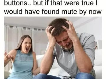 Couple arguing with a funny mute button joke