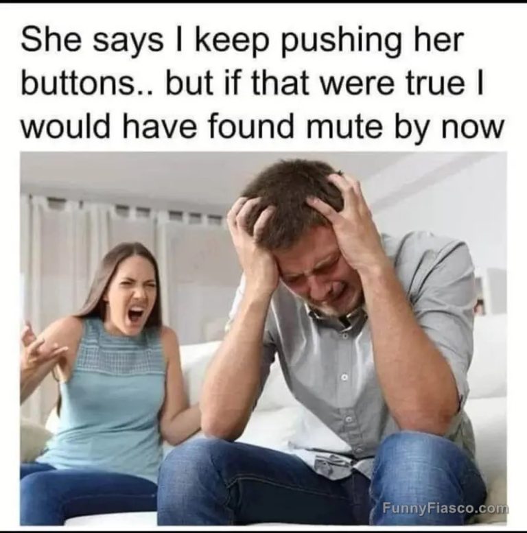 Couple arguing with a funny mute button joke