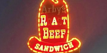 Neon sign mishap shows "Rat Beef Sandwich" instead of roast beef.