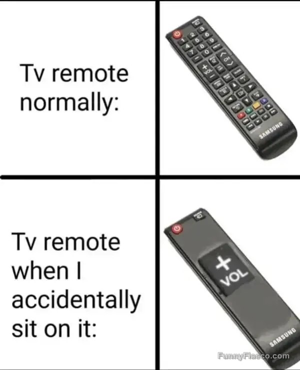 TV remote comparison between normal use and sitting mishap.