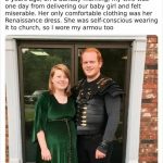 Couple wearing Renaissance and armor outfits to church for a laugh.