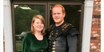 Couple wearing Renaissance and armor outfits to church for a laugh.