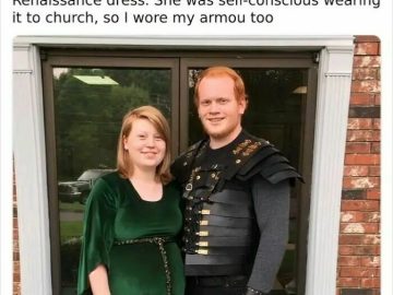 Couple wearing Renaissance and armor outfits to church for a laugh.