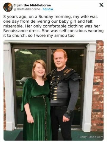 Couple wearing Renaissance and armor outfits to church for a laugh.