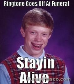 Meme of a boy at a funeral with "Stayin' Alive" ringtone mishap