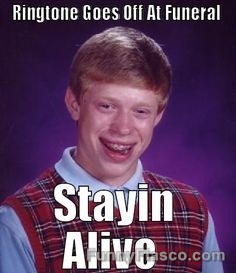 Meme of a boy at a funeral with "Stayin' Alive" ringtone mishap