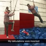 Man and child on rope swing; unexpected fall into foam pit.