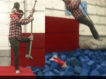 Man and child on rope swing; unexpected fall into foam pit.