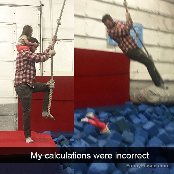 Man and child on rope swing; unexpected fall into foam pit.