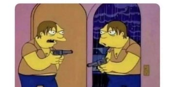 Cartoon character confronting their mirror image over missing weed.