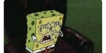 SpongeBob covering eyes with text about seeing yourself in pictures.