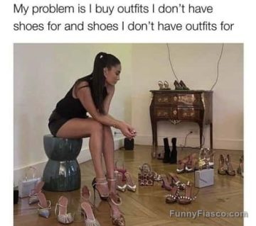 Woman surrounded by shoes, pondering outfit and shoe mismatches.