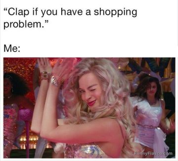 Woman clapping with a wink, embracing her shopping addiction.